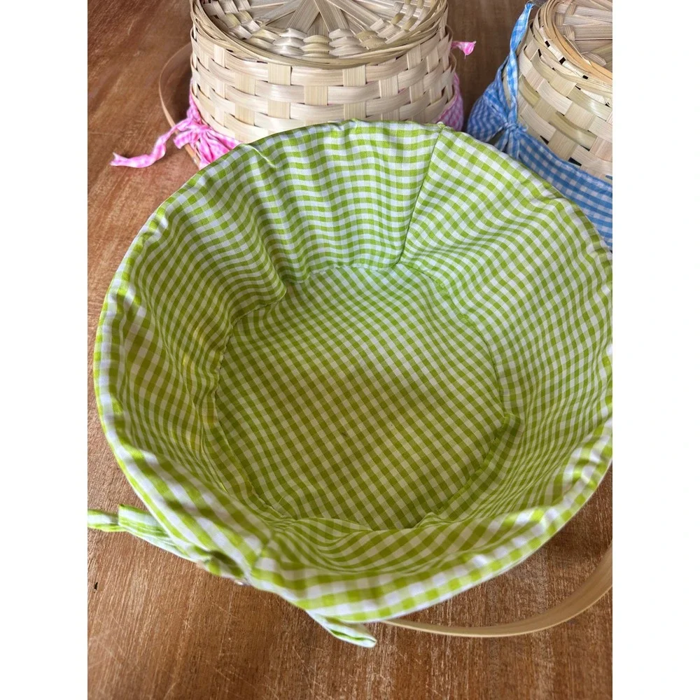 Set of 3 Woven Bamboo Easter Baskets Gingham Plaid Liners Pink Blue Green Handle